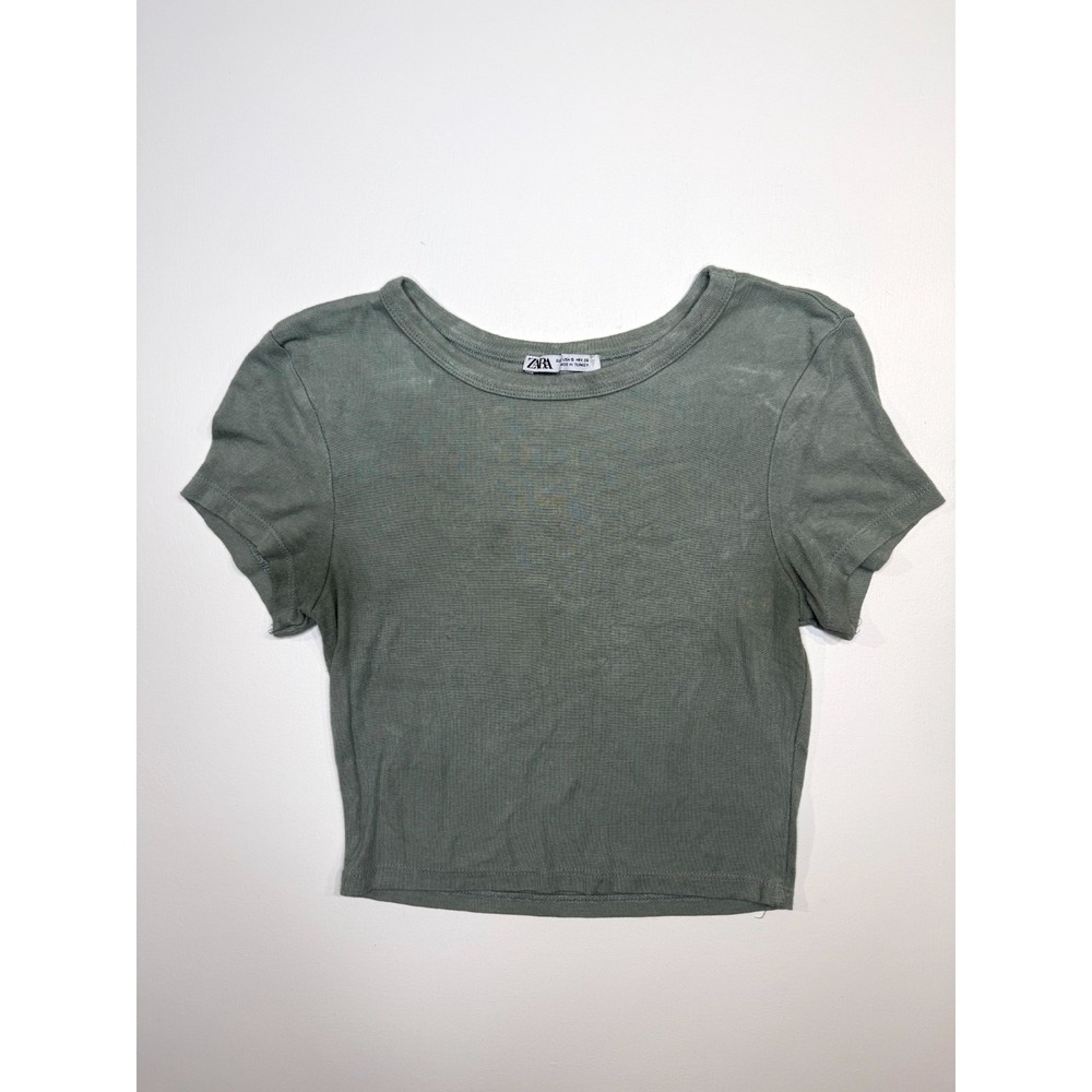 Zara Tee Shirt Womens Small Olive Green Slim Fit Round Neck Casual Cropped Top